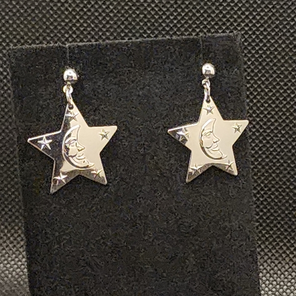Vintage 70s 925 Silver Over Stainless Star Moon Earrings NOS - Picture 4 of 4